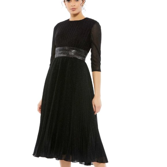 MAC DUGGAL 30750 SHIMMERING 3/4 SLEEVE A-LINE MIDI BLACK DRESS sz 6